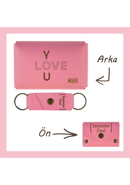 Pembe Renk, I Love You Sevenlere, Isme Özel Cüzdan ve Anahtarlık Set, Efsane Hatıra Takım