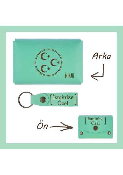 Açık Yeşil, Üç Hilal ve Yıldız Desenli, Isme Özel Cüzdan ve Anahtarlık Set, Akrabaya Özel lik