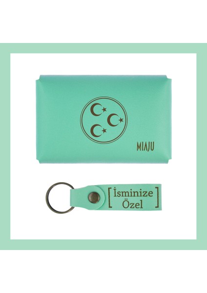 Açık Yeşil, Üç Hilal ve Yıldız Desenli, Isme Özel Cüzdan ve Anahtarlık Set, Akrabaya Özel lik fiyatları