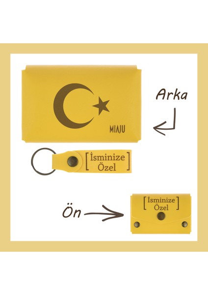 Sarı Renk, Ay Yıldız Motifli, Adına Özel Cüzdan ve Anahtarlık Seti, Çok Değerli Sevgiliye lik