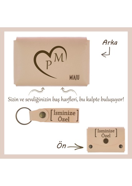 Pudra Renk, Isme ve Harfe Özel Kalp Desenli Cüzdan & Anahtarlık Seti, Sevgilinize En Anlamlı
