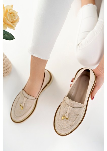 Loressa Model Bej Keten Kadın Loafer Günlük Ayakkabı