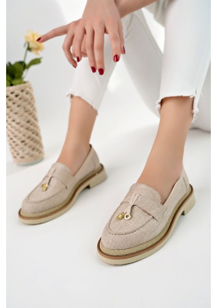 Loressa Model Bej Keten Kadın Loafer Günlük Ayakkabı