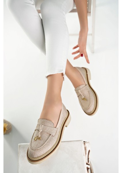 Loressa Model Bej Keten Kadın Loafer Günlük Ayakkabı