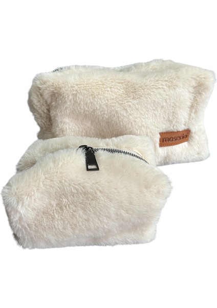 Yumuşak Peluş Makyaj Çantası, Seyahat ve Kozmetik Çantası 2'li Set