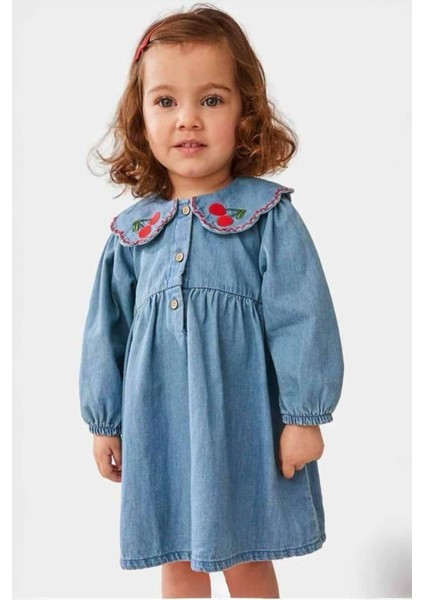 Yaka Kiraz Işleme Düğme Detaylı Kot Kız çocuk elbise - Mavi
