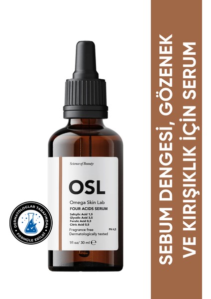 Omega Skin Lab Sebum Dengesi, Gözenek Ve Kırışıklık Için Serum - Four Acids Serum 30ml