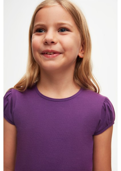 Mor Basic Kız Çocuk Sıfır Yaka Karpuz Kol Tişört modelleri