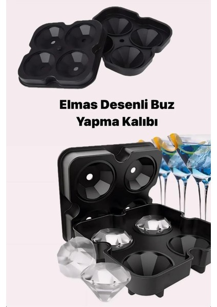 Silikon 4 Göz Buz Yapıcı Kalıbı Elmas Şeklinde Kalıp Kokteyl Viski Buz Küpü Top Yapma Tepsisi Buzluk