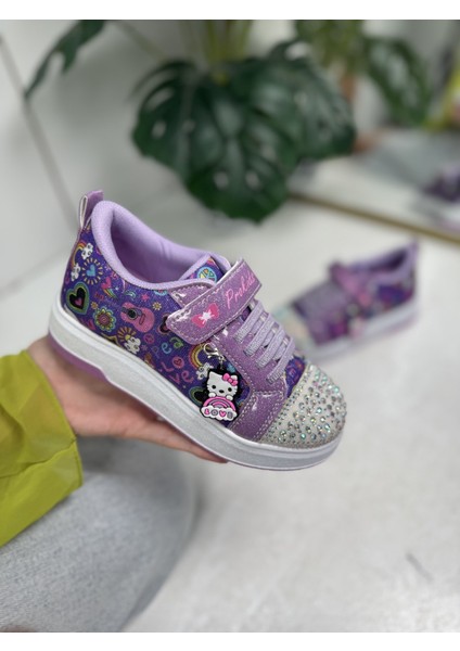 Günlük Kız Çocuk Sneaker Püskül Detaylı Oval Simli Burun Desenli Bağcıklı Cırtlı Spor Ayakkabı 4004