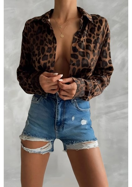 Leopar Saten Gömlek