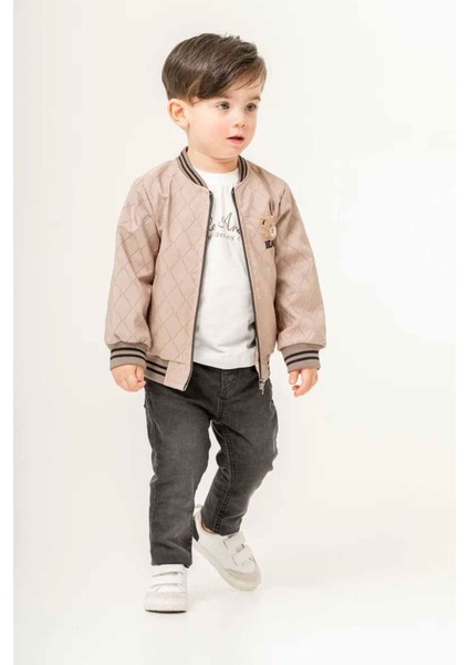 (9-24 Ay) Deri Bear Fırçalı Işlemeli Erkek Bebe 3 lü takım - Bej