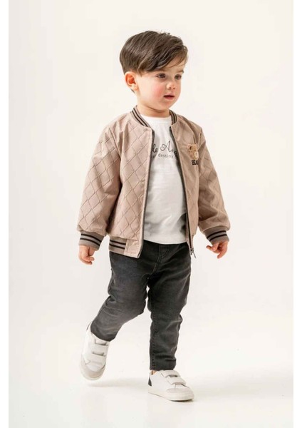 (9-24 Ay) Deri Bear Fırçalı Işlemeli Erkek Bebe 3 lü takım - Bej fırsatları