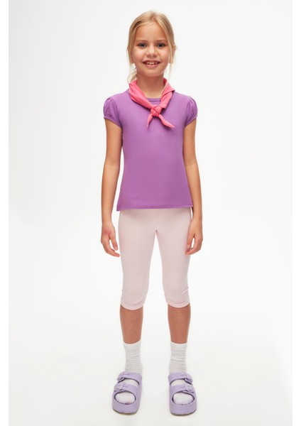 Açık Mor Basic Kız Çocuk Sıfır Yaka Karpuz Kol Tişört