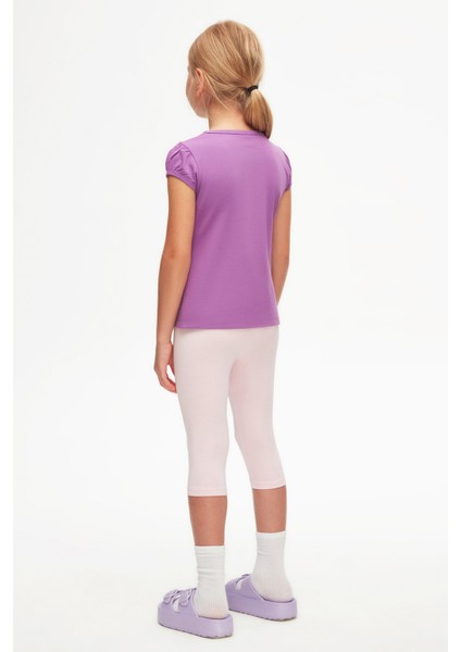 Açık Mor Basic Kız Çocuk Sıfır Yaka Karpuz Kol Tişört modelleri