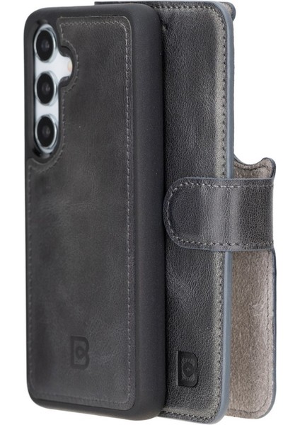 Samsung Galaxy S25 Uyumlu Deri El Yapımı Cüzdanlı Kılıf Gölgeli Gri