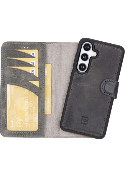 Samsung Galaxy S25 Uyumlu Deri El Yapımı Cüzdanlı Kılıf Gölgeli Gri fiyatları