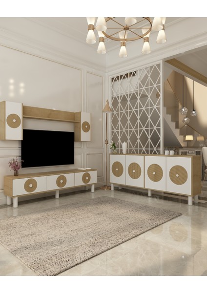 Derenct 180 cm Bohem Tv Ünitesi Takımı ve 180 cm (K x 180)BOHEM Konsol 2'li Salon Takımı Safirmeşe-Hazeran