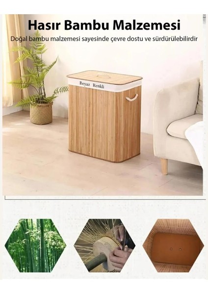 Katlanabilir Çift Bölmeli Doğal Natural 100 Lt Bambu Çamaşır Sepeti Hasır Bambu Çamaşır Sepeti