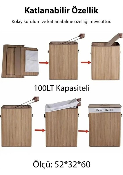 Katlanabilir Çift Bölmeli Doğal Natural 100 Lt Bambu Çamaşır Sepeti Hasır Bambu Çamaşır Sepeti