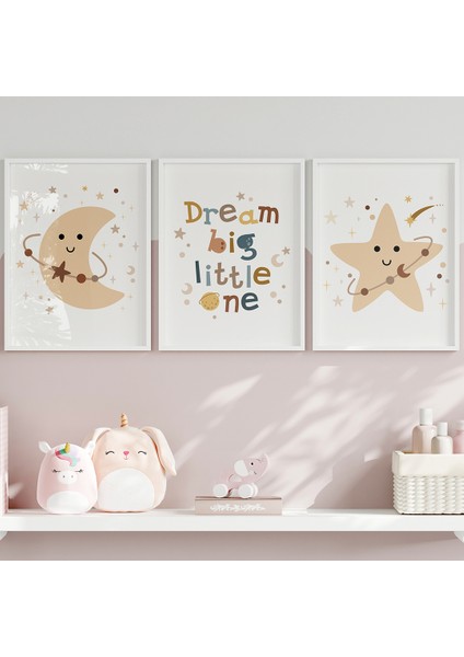 Dream Big Little One 3'lü Tablo Seti, Sevimli Ay ve Yıldız Bebek ve Çocuk Odası Tablosu