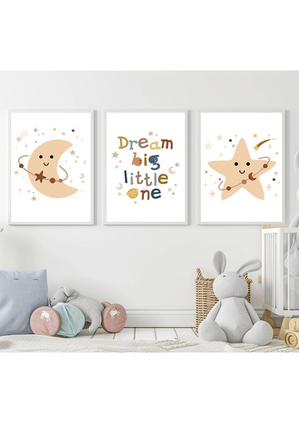 Dream Big Little One 3'lü Tablo Seti, Sevimli Ay ve Yıldız Bebek ve Çocuk Odası Tablosu