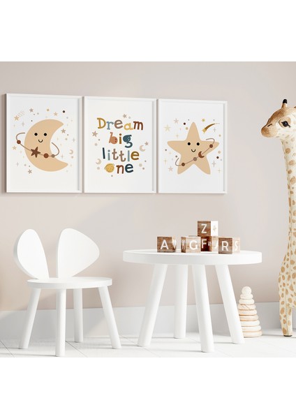 Dream Big Little One 3'lü Tablo Seti, Sevimli Ay ve Yıldız Bebek ve Çocuk Odası Tablosu