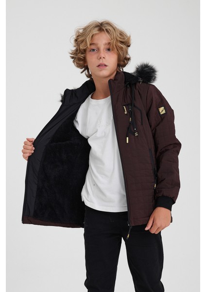 Bordo Erkek Çocuk Su ve Rüzgar Geçirmez Çıkartılabilir Kapüşonlu Kadife Mont & Kaban fırsatları