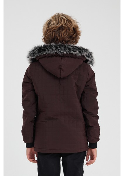 Bordo Erkek Çocuk Su ve Rüzgar Geçirmez Çıkartılabilir Kapüşonlu Kadife Mont & Kaban