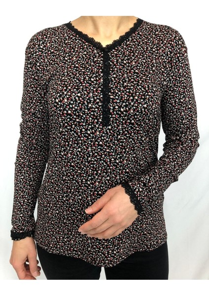 Çiçek Desenli V Yaka Peny Bluz