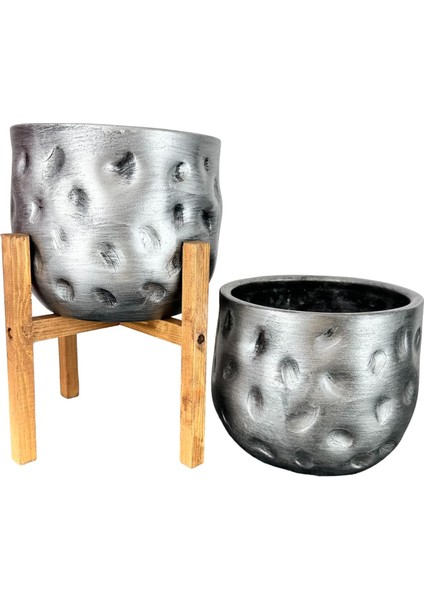 Ev Dekorasyon Aksesuar Gümüş Desenli Toprak Saksı Saksılık Salon Çiçeklik İkili Set 4 Ayaklı - Ayaksız 19 cm modelleri