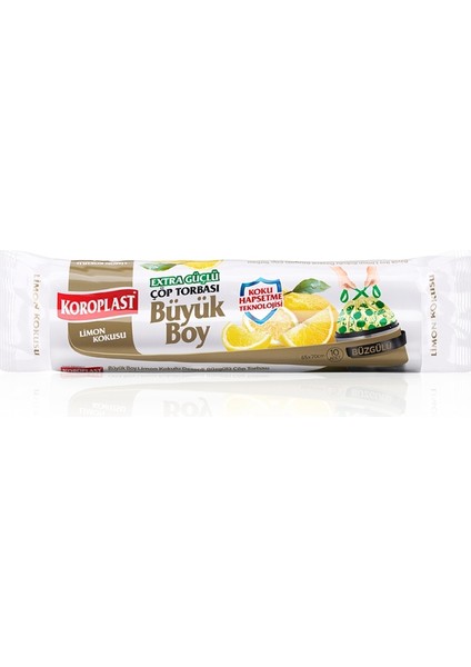 | Ekstra Güçlü Büzgülü Çöp Torbası, Büyük Boy 65X70 Cm, Limon Kokulu, 10'lu Paket