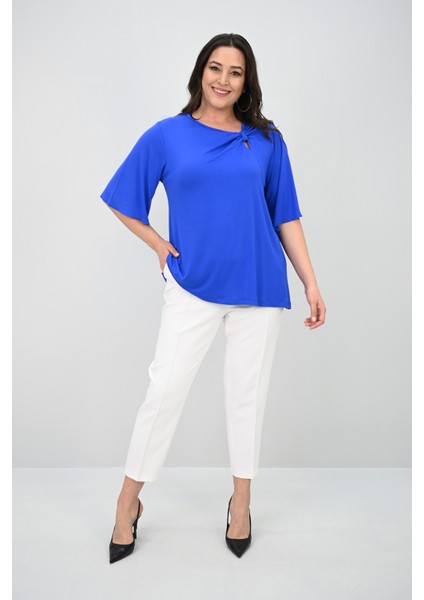 Kadın Büyük Beden Düğüm Büzgü Detaylı Bluz 1913-25
