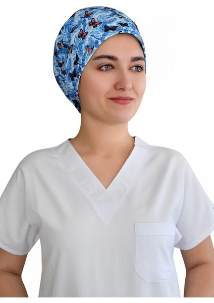 Mavi Kelebekler Desenli Doktor Hemşire Hastane Aşçı Cerrahi Bonesi