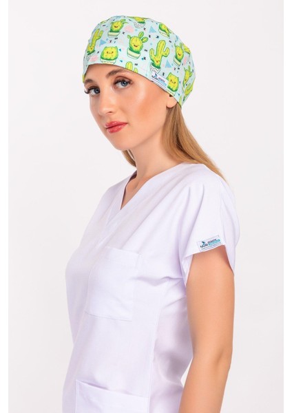 Unisex Mutlu Kaktüs Desenli Cerrahi Bone Hemşire Doktor Saç Bone