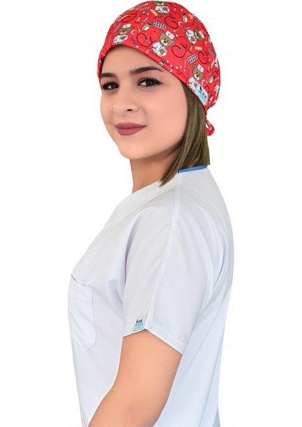 Kırmızı Ayıcık Desenli Doktor Hemşire Hastane Aşçı Cerrahi Bonesi