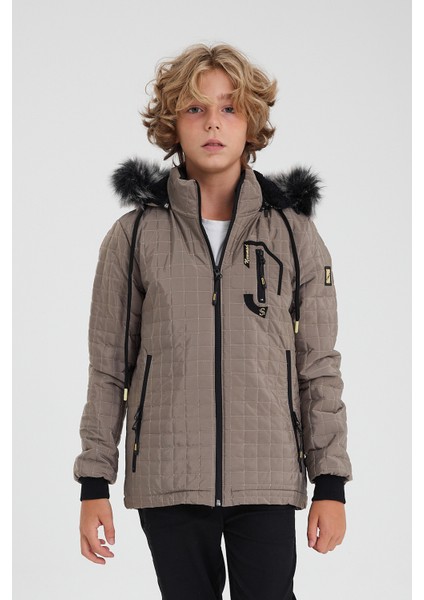 Krem Erkek Çocuk Su ve Rüzgar Geçirmez Çıkartılabilir Kapüşonlu Kadife Mont & Kaban