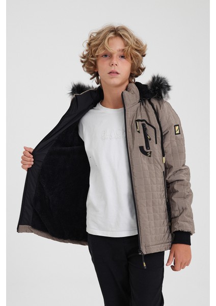 Krem Erkek Çocuk Su ve Rüzgar Geçirmez Çıkartılabilir Kapüşonlu Kadife Mont & Kaban fiyatları