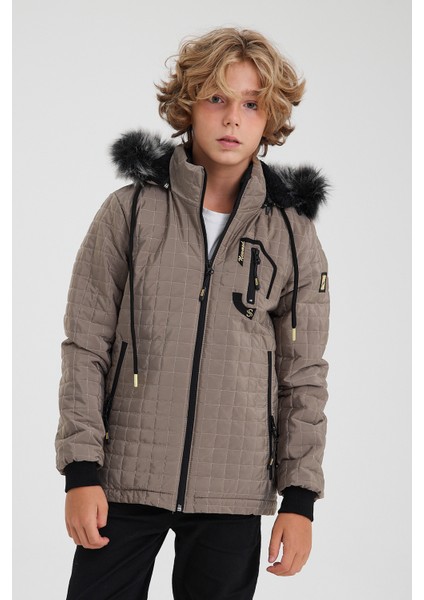 Krem Erkek Çocuk Su ve Rüzgar Geçirmez Çıkartılabilir Kapüşonlu Kadife Mont & Kaban modelleri