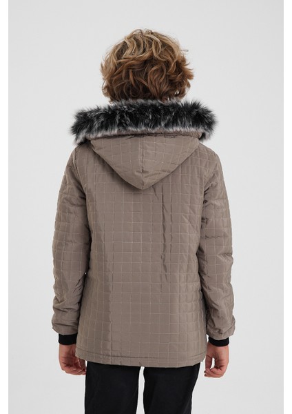 Krem Erkek Çocuk Su ve Rüzgar Geçirmez Çıkartılabilir Kapüşonlu Kadife Mont & Kaban