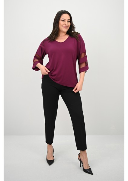 Kadın Büyük Beden Yarasa Kol Tül Detaylı Bluz 1901-25