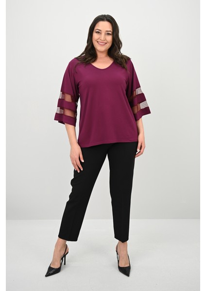 Kadın Büyük Beden Yarasa Kol Tül Detaylı Bluz 1901-25 fiyatları