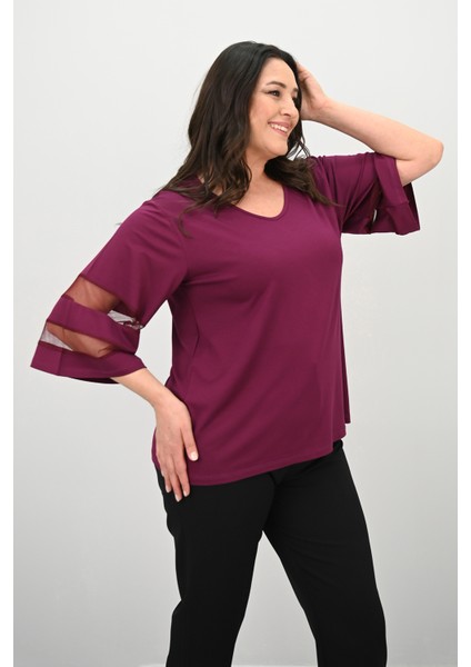Kadın Büyük Beden Yarasa Kol Tül Detaylı Bluz 1901-25 modelleri