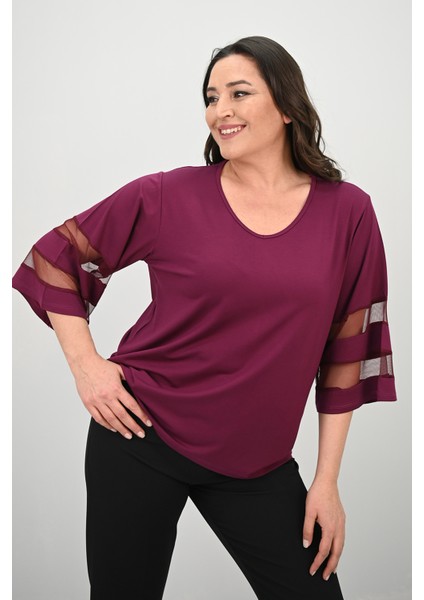 Kadın Büyük Beden Yarasa Kol Tül Detaylı Bluz 1901-25 indirimleri