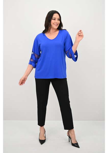 Kadın Büyük Beden Yarasa Kol Tül Detaylı Bluz 1901-25