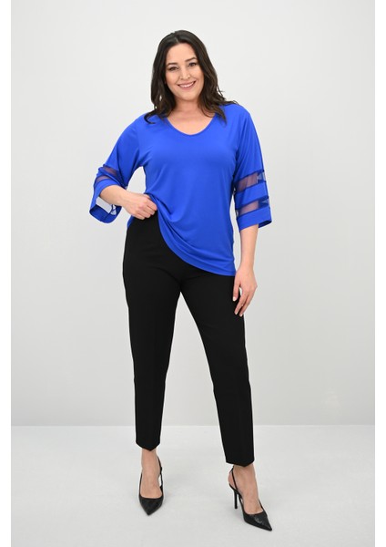 Kadın Büyük Beden Yarasa Kol Tül Detaylı Bluz 1901-25 fiyatları
