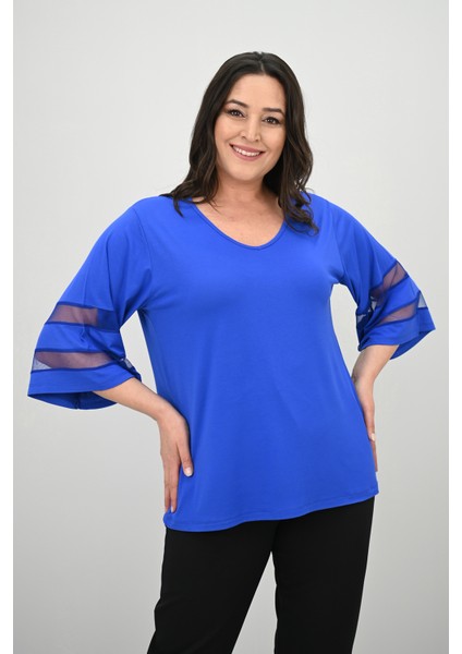 Kadın Büyük Beden Yarasa Kol Tül Detaylı Bluz 1901-25 modelleri