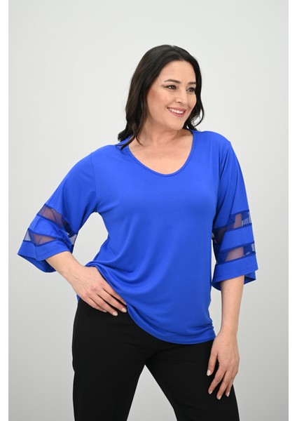 Kadın Büyük Beden Yarasa Kol Tül Detaylı Bluz 1901-25 indirimleri
