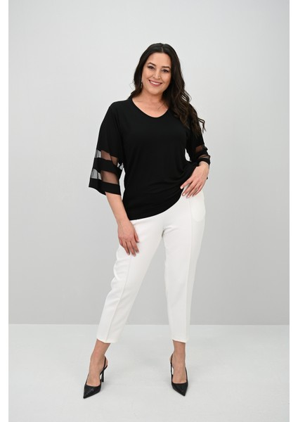 Kadın Büyük Beden Yarasa Kol Tül Detaylı Bluz 1901-25