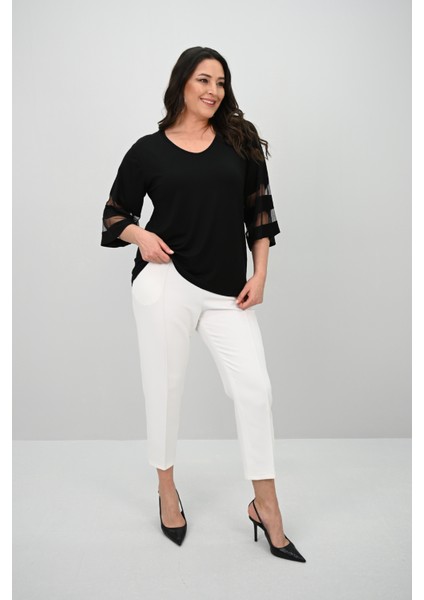 Kadın Büyük Beden Yarasa Kol Tül Detaylı Bluz 1901-25 fiyatları